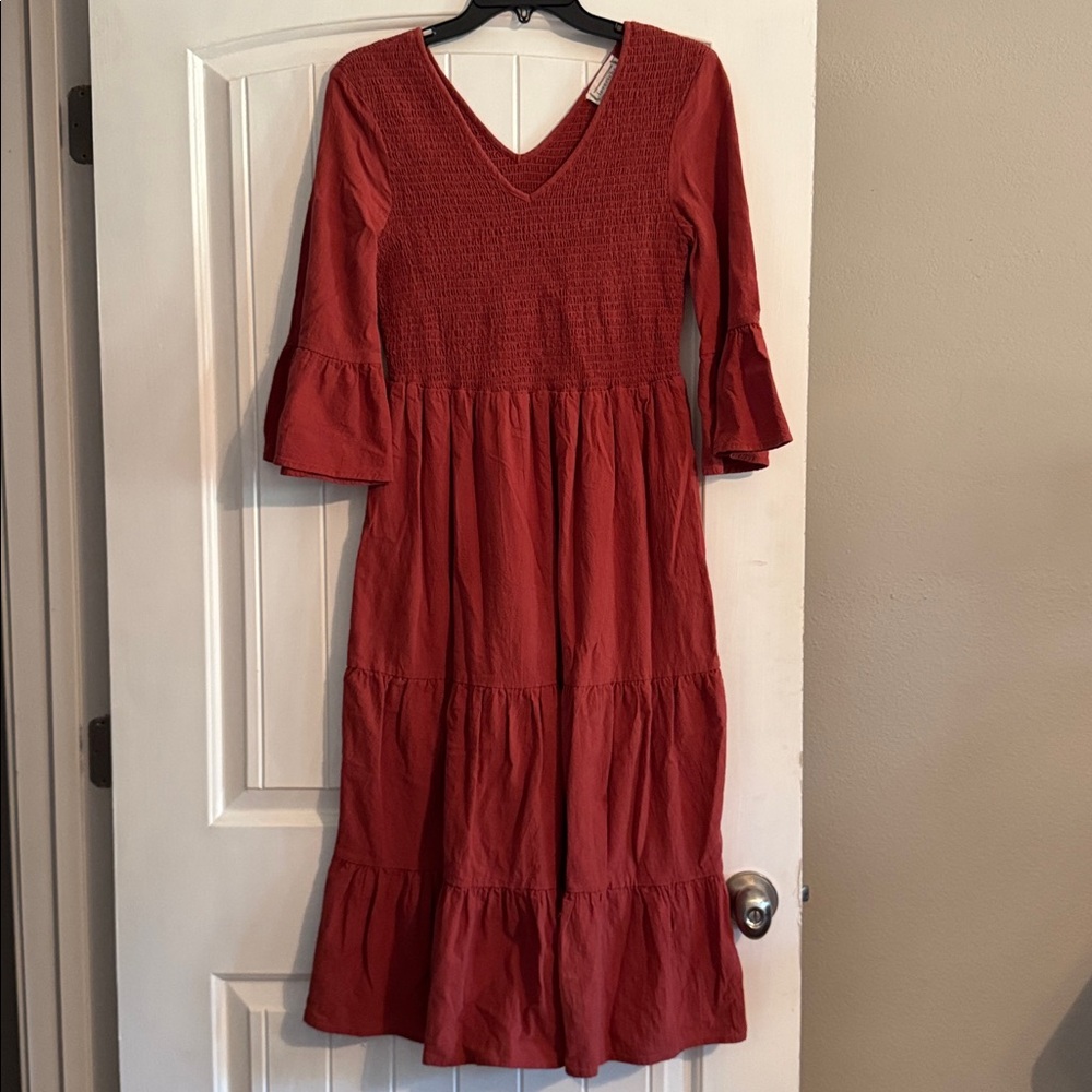 Orange Smocked Midi Dress - Picture 1 of 2